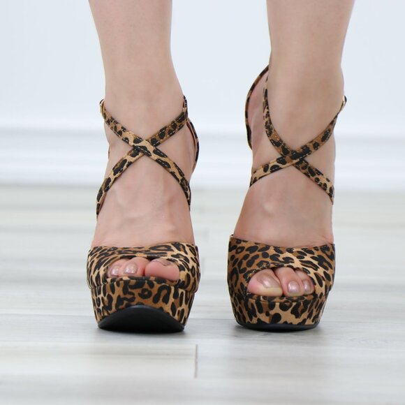 Leopard Faux Suede Platform Open Toe High Heel Stiletto Sandal - Picture 9 of 11